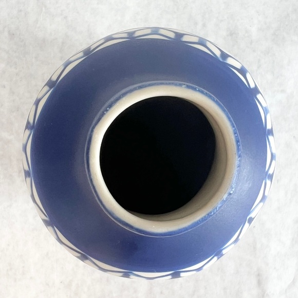 Vintage Artisan De Luxe Home Boho Thai Vase Royal Blue Geometric Print 7” - Picture 11 of 13